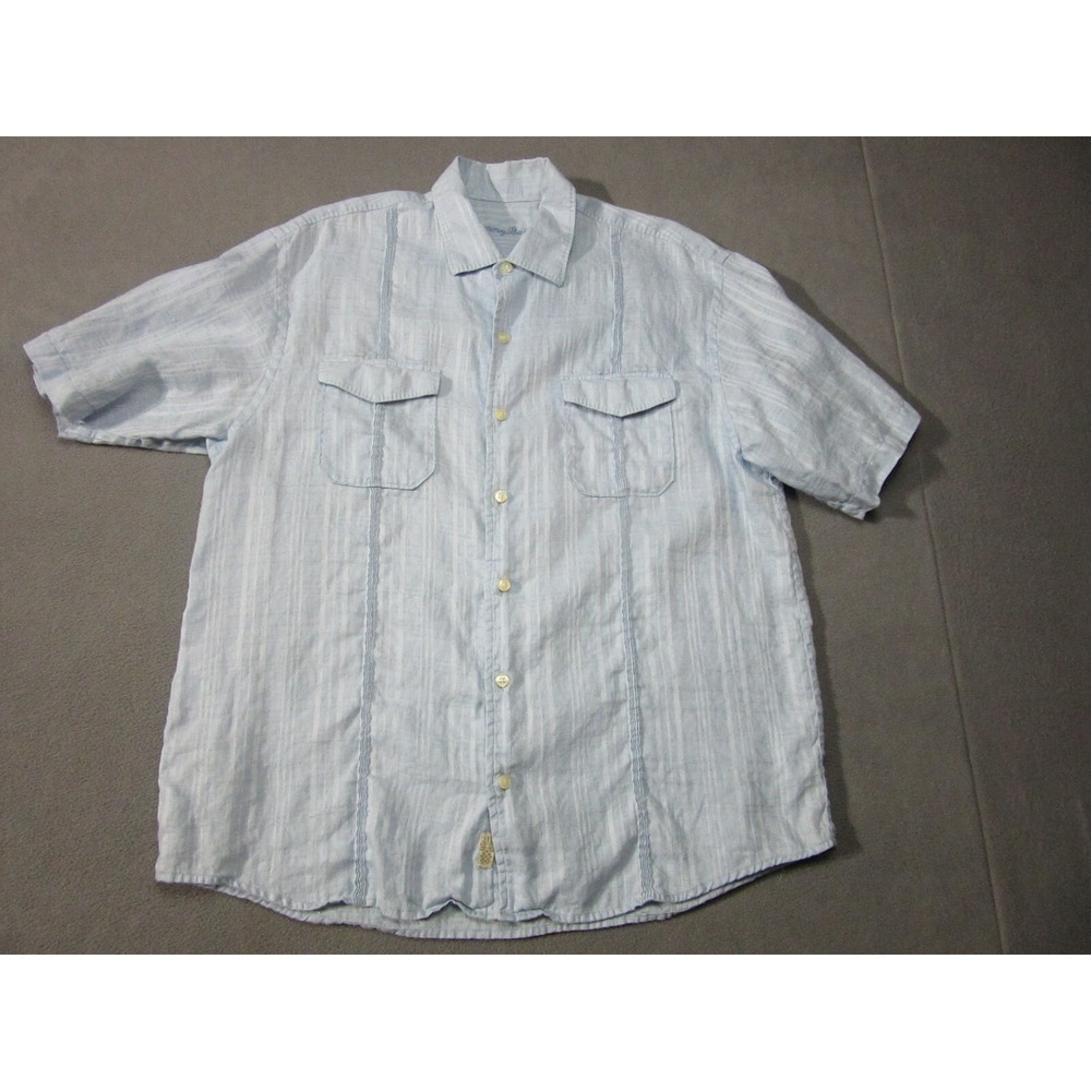 Tommy Bahama Shirt Mens Large Blue Striped Linen Beach Aloha Casual Short Sleeve